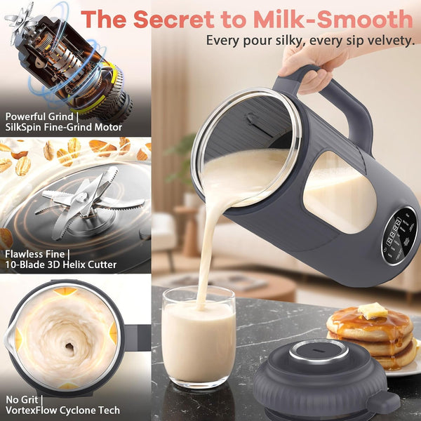 Nut Milk Maker Machine, Automatic Soy Milk Maker, Small Countertop Blender | 35Oz Plant-Based Milk Maker for Homemade Almond Milk, Oat Milk, Soy Milk with Veloblend 10-Blade System, Glass Chamber, Grey2
