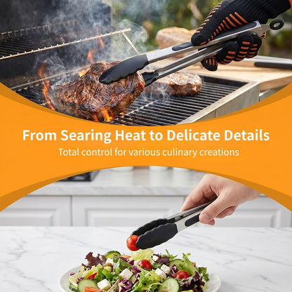 Kitchen Tongs for Cooking, 3 Tongs 7", 9", 12" + Oil Brush, Heat Resistant 600°F, Non-Slip Silicone Tips, Heavy Duty Metal Locking Tongs, Black, Salad, BBQ Grill, Pasta Silicone Tongs, Dishwasher Safe9