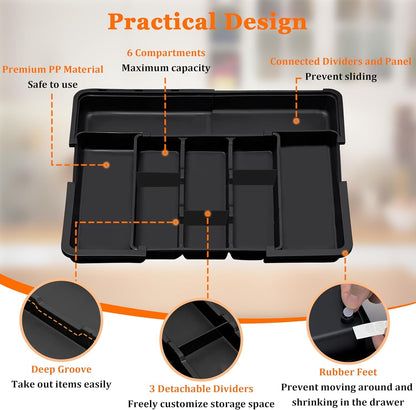 Large Utensil Drawer Organizer Expandable Silverware Organizer for Kitchen Drawer Adjustable Cooking Utensil Holder Cutlery Flatware Tray Spatula Tools Gadgets Storage Dividers Plastic Black8