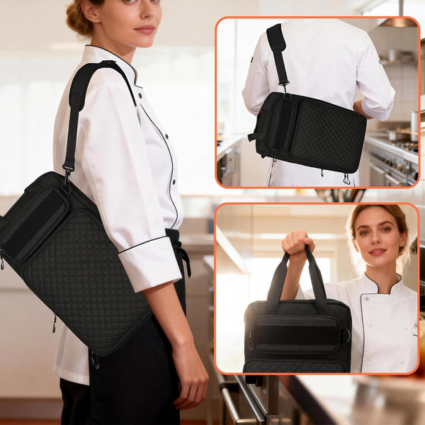 Chef Knife Bag with Shoulder Strap, 7 Pockets, Quilted Black7