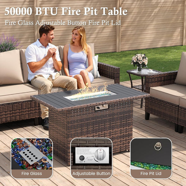 Patio Furniture Set with Fire Pit Table, Wicker Outdoor Sectional Sofa with Swivel Rocker Chairs, All-Weather Rattan Conversation Set, Waterproof Cover for Backyard, Deck Brown/Khak 5 PCS5