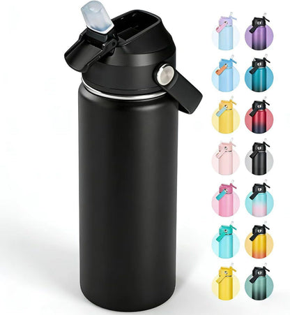 18Oz Insulated Stainless Steel Water Bottle, Wide Mouth Double Wall Vacuum, Silicone Straw, Sweat & Leak Proof, BPA Free Insulated Water Flask for Travel, Keep Cold 24H Hot 12H, Black1