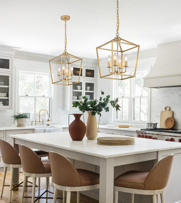 Industrial 4 Lights Chandelier, Gold Lantern Ceiling Light Fixtures with Rustic Metal Cage Adjustable Height Farmhouse Geometric Hanging Light for Kitchen Island, Dining Room, Entryway, UL Listed5