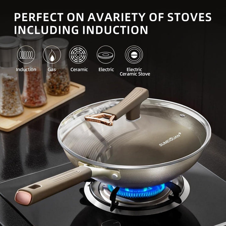13" Titanium Wok Pan with Lid,Non-Stick Flat Bottom Titanium | PFAS & PFOA Free,Non-Toxic, Fits Induction & Gas Stoves,Traditional Chinese Pan for Stir Fry+2