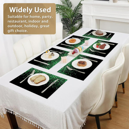 Placemats Set of 6 Linen Washable Kitchen Dining Green Glitter Table Mats Stain Heat-Resistant Desktop Décorplace Mats for Home Party Indoor 12X18 In6