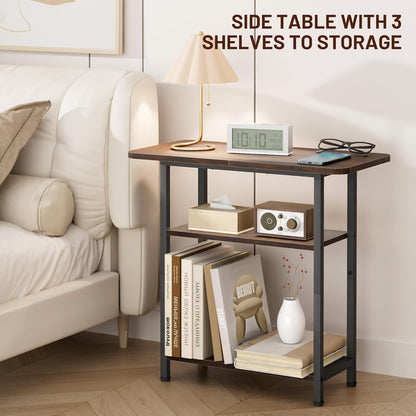 Side Table for Living Room, 3-Tier End Table for Small Space with Wide Storage Tabletop, Rustic Brown Narrow Nightstand for Bedroom, Sofa Couch5