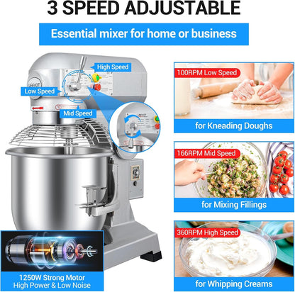 Commercial Food Mixer 30Qt with 3-Speed Adjustment, 1250W Commercial Mixer with Timer, Heavy Duty. Commercial Dough Mixer with Stainless Steel Bowl, Suitable for Bakeries and Pizzerias4