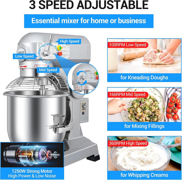 Commercial Food Mixer 30Qt with 3-Speed Adjustment, 1250W Commercial Mixer with Timer, Heavy Duty. Commercial Dough Mixer with Stainless Steel Bowl, Suitable for Bakeries and Pizzerias4