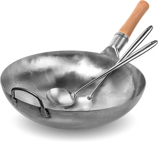 Non-Seasoned 14" Round-Bottom Carbon Steel Wok Pan with 17" Spatula and Ladle1