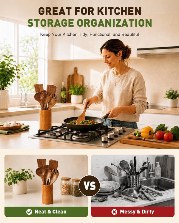 100% Premium Solid Teak Wooden Utensil Set with Holder, 7 PCS7