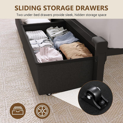 Queen Size Bed Frame with Storage & Upholstered Headboard, 2 Fabric Drawers, Charging Station & RGB LED Lights, Metal Platform Bed, No Box Spring Needed, Rustic Brown5