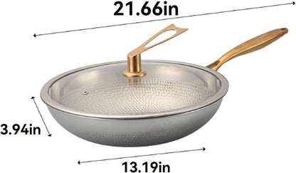 Titanium Hammered Wok Pure with Lid, No Coating Non-Stick Titanium Cookware, Frying Pans, Ultra-Durable, Scratch-Resistant, Even Heating Frying Pans with All Cooktops,13.39In8