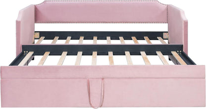 Multifunctional Upholstered Twin to King Daybed with Trundle, Pink4