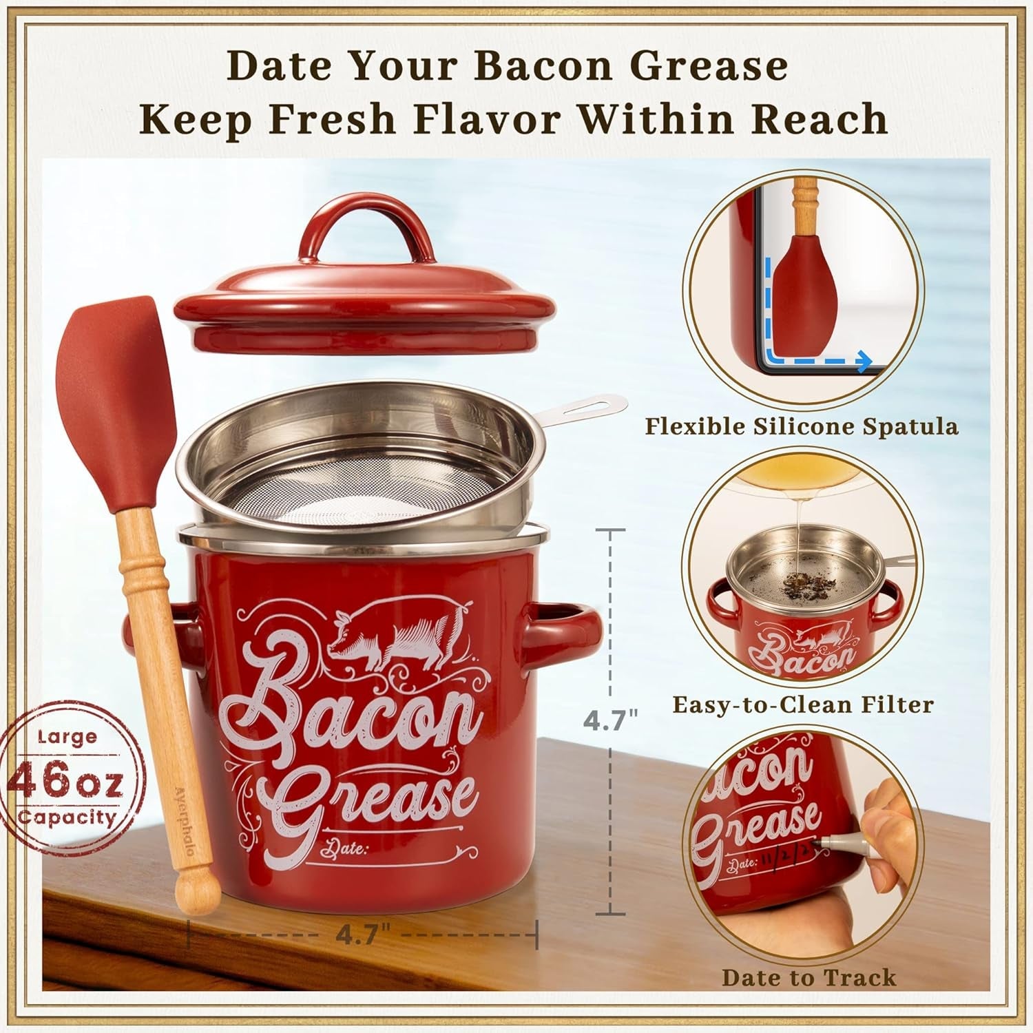 42oz-enamel-2-handle-bacon-grease-container-with-strainer-red