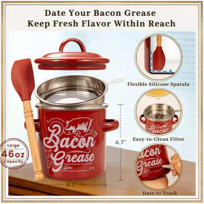 42Oz Enamel 2-Handle Bacon Grease Container with Strainer, Red3