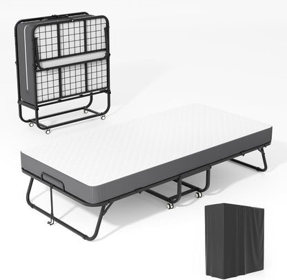 75" X 38" Twin Folding Bed with 5" Memory Foam Mattress – Foldable Rollaway Guest Bed with Wheels & Metal Frame, Portable for Apartments, Adults, and Home Use1
