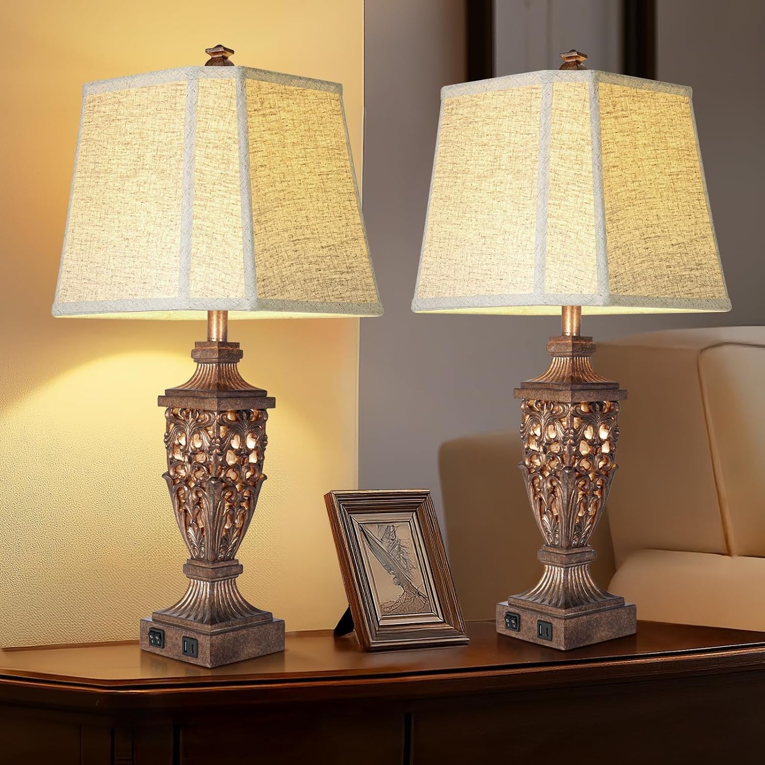 vintage-resin-table-lamps-with-night-light-for-bedroom-living-room-28-5-tall-night-light-farmhouse-table-lamps-set-of-2-with-usb-a-c-charging-ports-linen-shade-bulb-included-bedside-lamp
