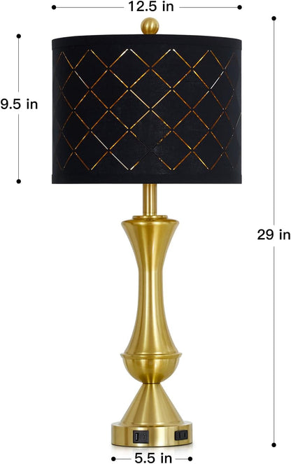 29" Gold Modern Table Lamps Set of 2, 3-Way Dimmable Touch Lamps for Nightstand with USB A+C & Outlets,Brass Lamps for Living Room, Bedroom, Nightstand, Entryway(2 Bulbs Included)2