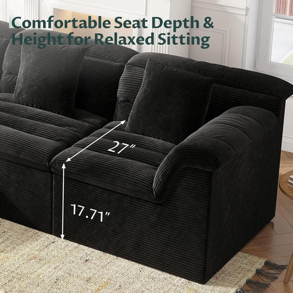 112" Modular Cloud Sectional Couch with Ottoman, Modern Upholstered Compressed Sofa with Deep Seat, Comfy L-Shape Corduroy Couches for Living Room, No Assembly Required, Black5