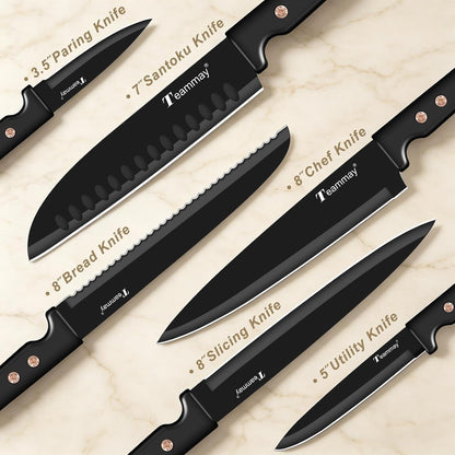 12-Piece Kitchen Knife Set, Stainless Steel Knives with Non-Stick Coating, Dishwasher Safe, Black Knife Set with Rose Gold Rivets 6 Blade Guards, Perfect for Home Chefs Cooking Enthusiasts7