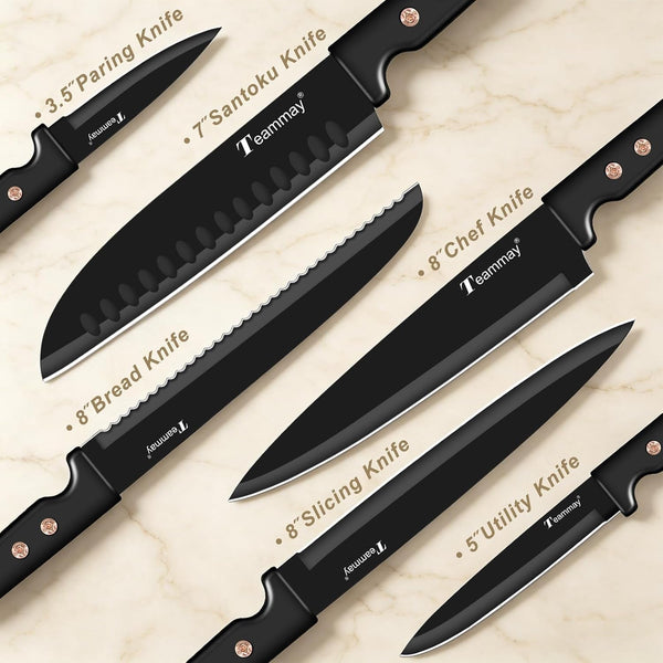 12-Piece Kitchen Knife Set, Stainless Steel Knives with Non-Stick Coating, Dishwasher Safe, Black Knife Set with Rose Gold Rivets 6 Blade Guards, Perfect for Home Chefs Cooking Enthusiasts7