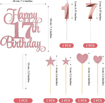 17Th Birthday Cake Decorations, 17Th Birthday Candles Cake Numeral Candles and Glitter Happy 17Th Birthday Cake Toppers Set for Birthday Party Supplies (Rose Gold)2