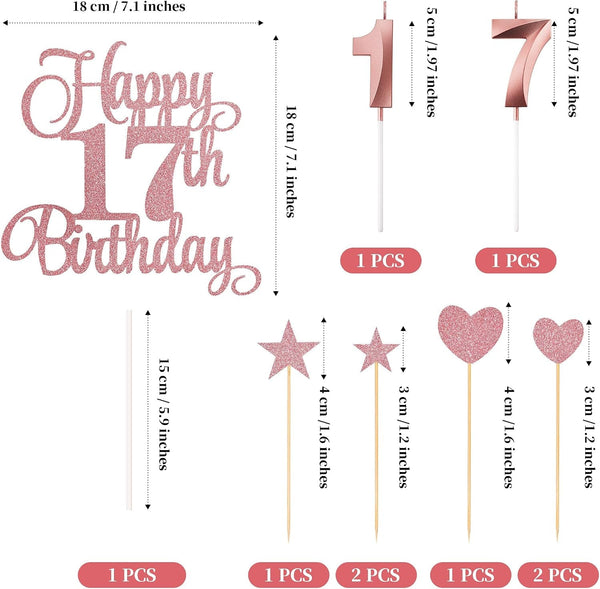 17Th Birthday Cake Decorations, 17Th Birthday Candles Cake Numeral Candles and Glitter Happy 17Th Birthday Cake Toppers Set for Birthday Party Supplies (Rose Gold)2