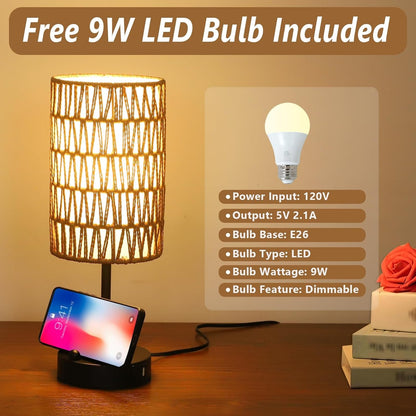Touch Table Lamp for Bedroom with Bulb, Boho Small Desk Lamp for Living Room with Rattan & Linen Shade, 3 Way Dimmable Bedside Table Lamp for Nightstand with USB Charging Port & Phone Stand for Office6