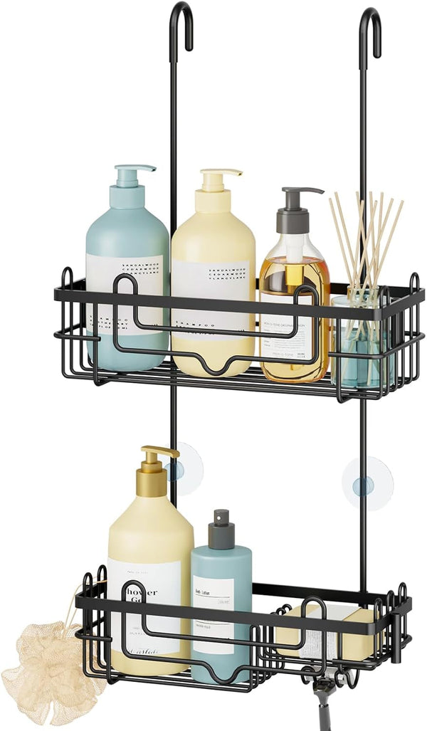 over the Door Shower Caddy - 2-Tier Hanging Shower Organizer with Soap Holder, Rustproof Bathroom Storage and Organizer Rack for Shampoo, Towels, and Toiletries, Black1