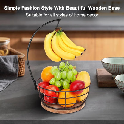 Countertop Fruit Basket Bowl with Banana Hanger, Modern Standing Fruit Vegetable Bowl Storage, with Banana Tree Holder for Kitchen Dinning Table (Round Wood, Black)7