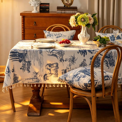 Retro Blue White Toile De Jouy Printed Rectangular Tablecloth, Premium Cotton Linen Table Cover with Complete Edge Tassels for French Country Kitchen Decor 60X86 Inches2