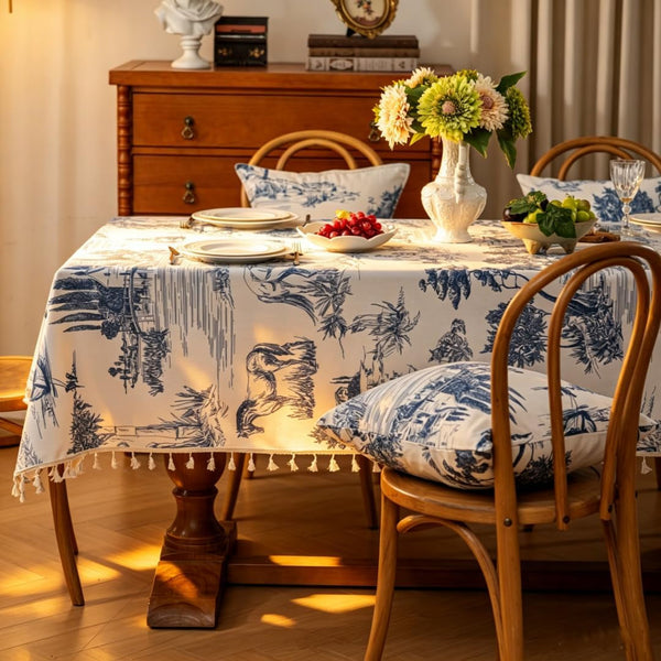 Retro Blue White Toile De Jouy Printed Rectangular Tablecloth, Premium Cotton Linen Table Cover with Complete Edge Tassels for French Country Kitchen Decor 60X86 Inches2