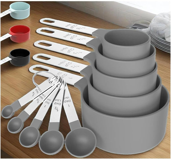 10Pcs Measuring Cups & Spoons Set, Stackable Cups and Spoons, Nesting Measure Cups with Stainless Steel Handle, Kitchen Gadgets for Cooking & Baking (Grey)1