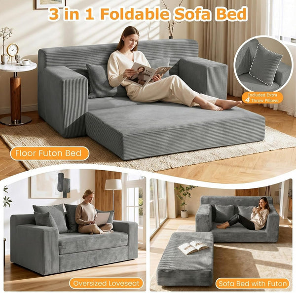 Winzon Boneless Loveseat, 3 in 1 Convertible Sofa Bed Sleeper Sofa Floor Futon Bed with 4 Pillows, 55" Grey Boneless Couch for Living Room, Guest Room, Small Space, No Assembly Required, Corduroy3