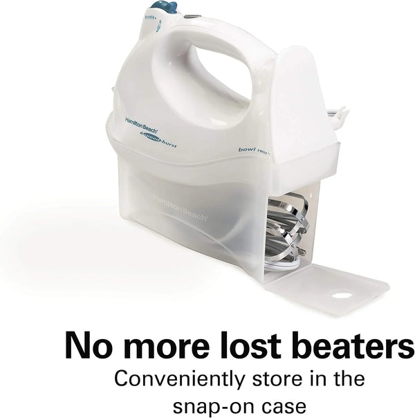 Power Deluxe 6-Speed Electric Hand Mixer with Quickburst | Powerful 250 Watt Motor | Traditional Beaters | Whisk | Snap-On Storage Case | Bowl Rest | White | 62695V2