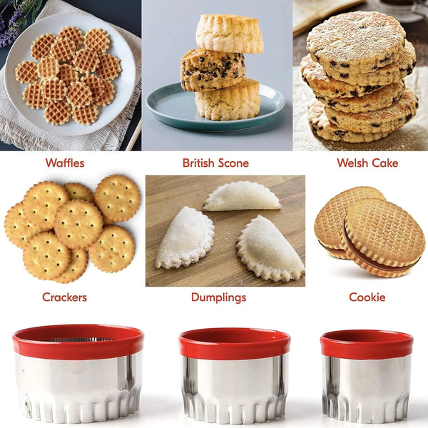 3Pcs Fluted round Cookie Cutters - 2" & 2.6" & 3", Heavy Duty Food-Grade Stainless Steel, Mini Biscuit Cutter, Unique Design with Protective Red Top PVC5