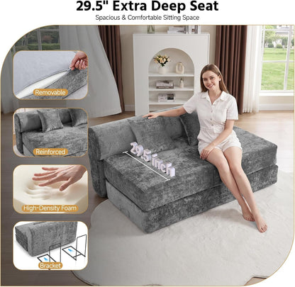 59" Convertible Sofa Bed, Boneless Sleeper Chair Couch Bed with 2 Pillows7