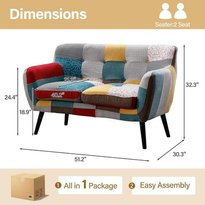 Modern Boho Loveseat Couch Sofa Chair for Living Room Bedroom, Upholstered Colorful Plaid Fabric 2-Seat Love Seat Sofa with Wood Leg for Small Space, One Loveseat2