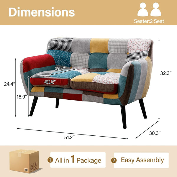 Modern Boho Loveseat Couch Sofa Chair for Living Room Bedroom, Upholstered Colorful Plaid Fabric 2-Seat Love Seat Sofa with Wood Leg for Small Space, One Loveseat2