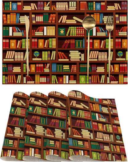 Library Book Shelf Placemats Set of 4, Linen Place Mats Heat Resistant Non-Slip Washable Table Mats for Dining Kitchen Party Decor 12"X18"1