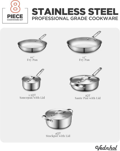 Stainless Steel Cookware Set, 8 Pcs Tir-Ply Pots and Pans Set, PFOA&PTFE Free, Dishwasher&Oven Safe, Kitchen Induction Compatible, Ollas De Acero Inoxidable Para Cocinar3