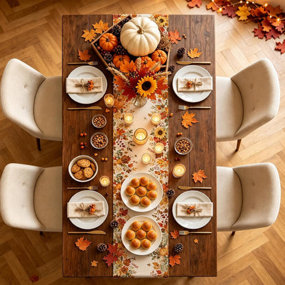 Fall Table Runner 13×108 in with Fall Decor Pumpkin, Sunflower&Leaf3