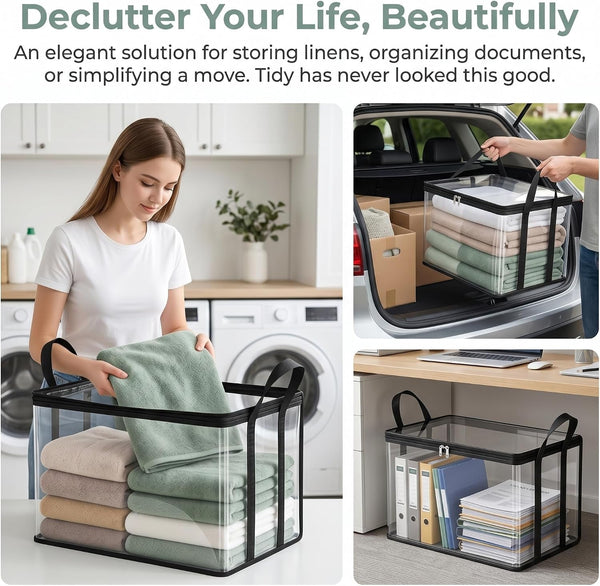 2 Pack Large Storage Transparent Box, Heavy Duty Moving Bags for Easy Transport, Ideal for Clothes Bedding Books under Bed Shelf and Closet Organization, Black2