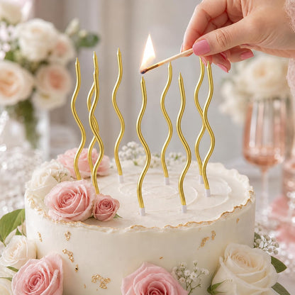 12 Pieces Gold Spiral Birthday Candles, Long Thin Metallic Twisted Cake Candles with Holders, Cake Toppers for Birthday Wedding Decorations, Anniversary and Parties5