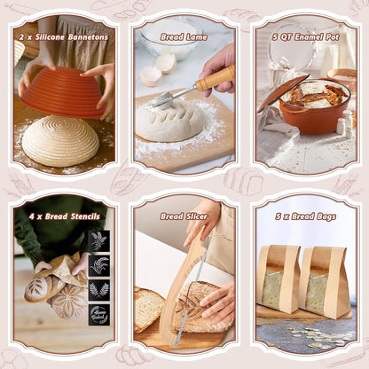 Sourdough Starter Kit with Enamel Cast Iron Pot, Complete Sourdough Bread Baking Supplies, round & Oval Bread Proofing Basket with 34 Oz Starter Jar, Bread Making Tools Kit7