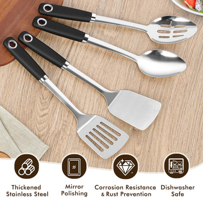 4 Pcs Cooking Utensils Set, Stainless Steel Kitchen Utensils, Heat Resistant Metal Kitchen Tools Include Solid & Slotted Turner Wok Spatula, Serving Spoon, Ergonomic Handle, Easy to Clean, Silver3