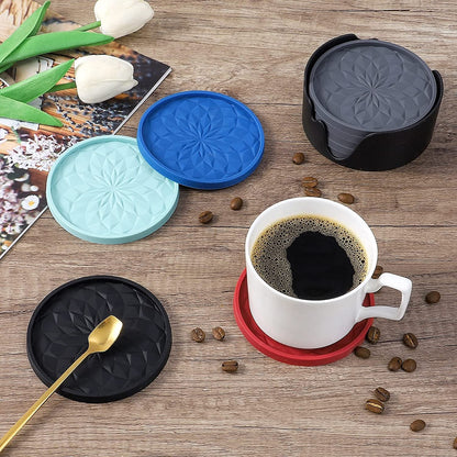 Silicone Coasters with Holder,[6 Pack] Drinking Coasters - Cup Mat for Hot or Cold Drinks, Thickened, Non-Slip, Non-Stick,Deep Tray Black6