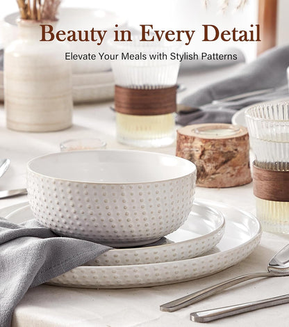 24 Piece Dinnerware Sets for 8 - Farmhouse Style Stoneware Plates and Bowls Sets - Scratch Resistant & Dishwasher Safe, Embossed Boho Ceramic Dish Set, Stack Compactly Dishware - Ivory White2