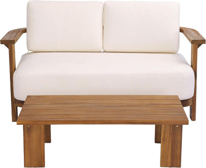 Stella Acacia Wood 4 Piece Patio Furniture Set, Wooden Patio Conversation Set with Club Chair+Coffee Table, 4-Seater Outdoor Loveseat Sofa + Armchair and Table Set, Teak+Beige5
