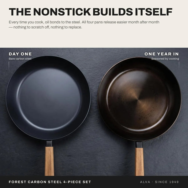 Forest 4-Piece Professional Carbon Steel Frying Pan Set, Wood Handle | Pre-Seasoned Non-Toxic Frying Pans - Chemical-Free, Traditional Cooking Surface - All Stovetop Compatible & Fast-Heating4